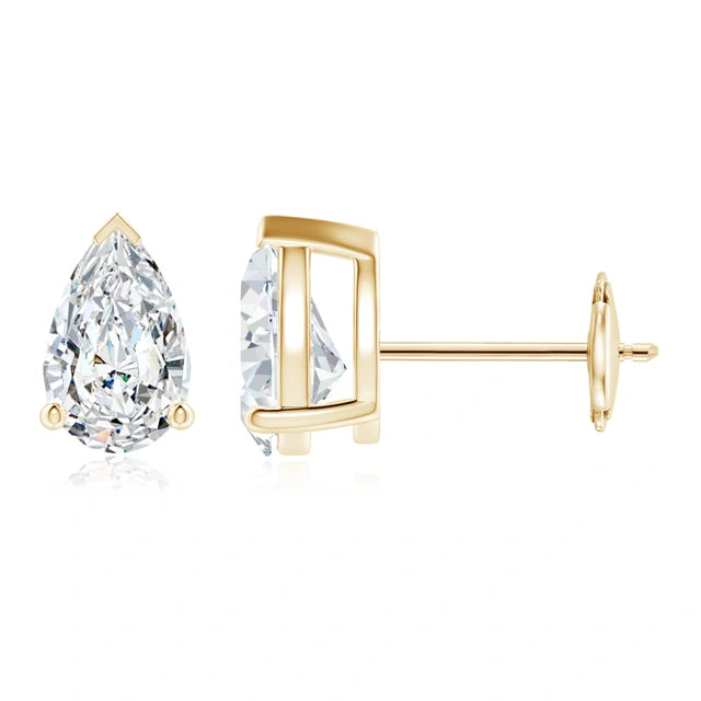 Pair Of 3.0 Ct. PEAR Shaped Solitaire Diamond Stud Earrings Set In  Classic Three Prong Basket Setting